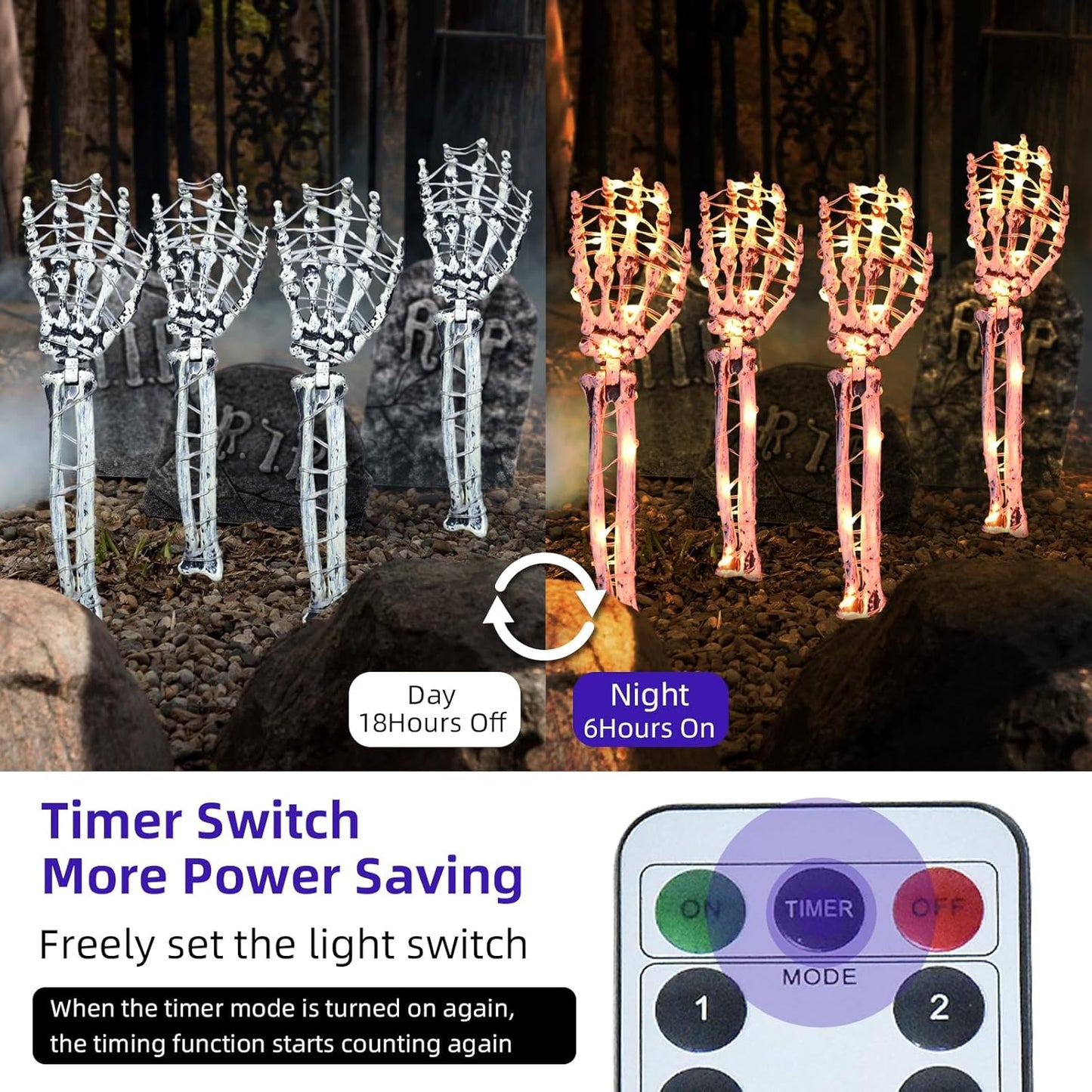 Halloween Decorations Outdoor Skeleton Arm 4 Pack -  Light up Skeleton Hands with 80 Leds, 8 Lighting Modes, and Timer, for Front Yard Porch Gardens Lawns Halloween Party