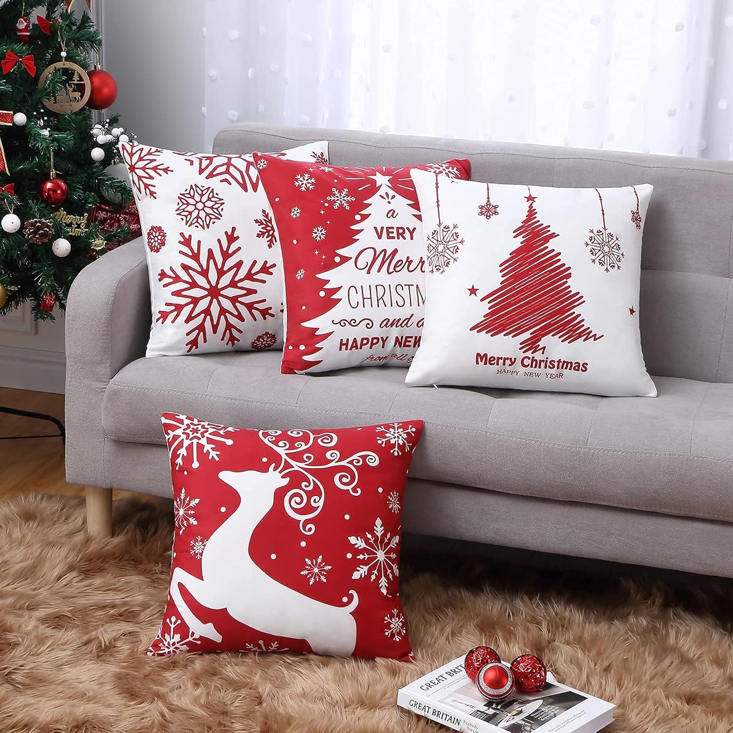 Christmas Pillow Covers 18X18 Inch Set of 4 Decorative Farmhouse Throw Pillow Covers Holiday Rustic Pillow Cases for Sofa Couch Home Decor Christmas Decorations Xmas Cushion Covers