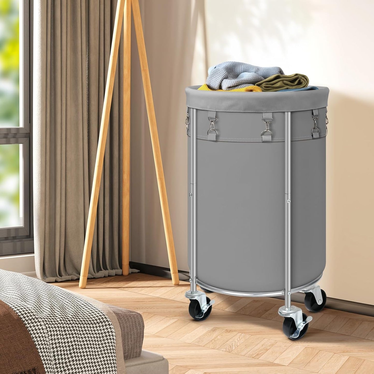 Laundry Hamper with Wheels, Rolling Laundry Basket, round Laundry Sorter Cart with Steel Frame and Removable Bag, 4 Casters and 2 Brakes, Ideal for Bedroom, Bathroom, Laundry Room, Grey