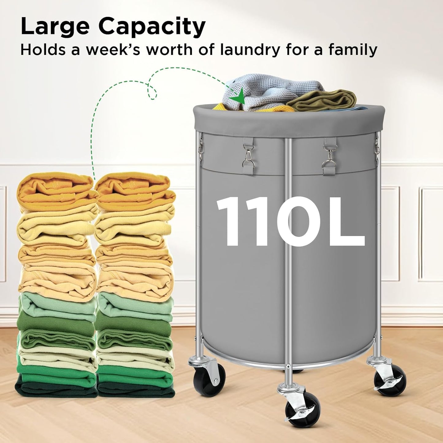 Laundry Hamper with Wheels, Rolling Laundry Basket, round Laundry Sorter Cart with Steel Frame and Removable Bag, 4 Casters and 2 Brakes, Ideal for Bedroom, Bathroom, Laundry Room, Grey