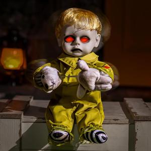 10" Evil Spooky Animatronic Creepy Boy Doll with Sound Activation, Light-Up Eyes, and Scary Movements - Halloween Decoration