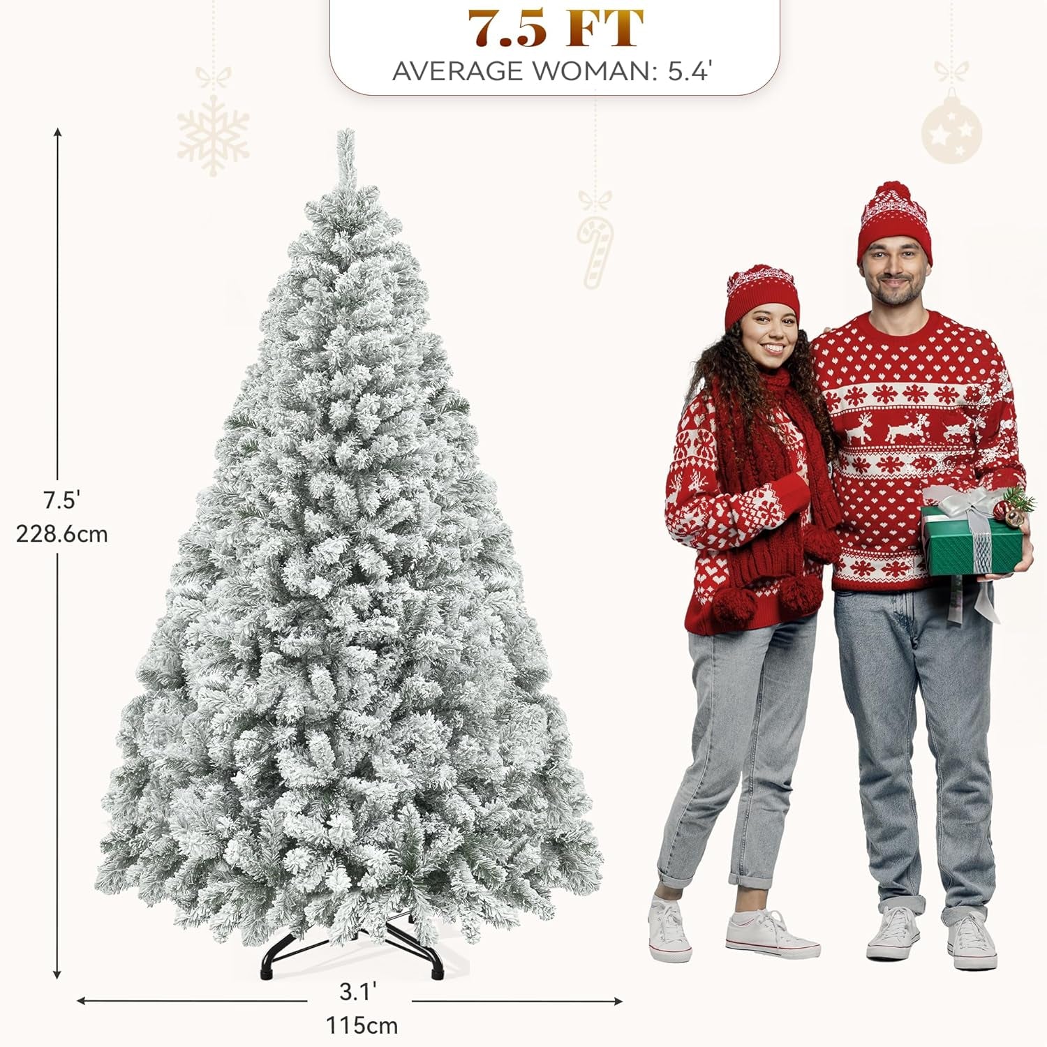 Snow Flocked Artificial Full Christmas Tree, 7.5Ft Christmas Pine Tree with 1346 Branch Tips, and Foldable Base for Home, Party Decoration