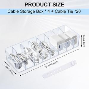 Tatuo 4-Pack Clear Cord Storage Organizer Box with 8 Removable Dividers & Wire Ties - Stackable Cable Management Solution for Electronics, Chargers, and Accessories - Perfect for Office Desks and Drawers Tatuo