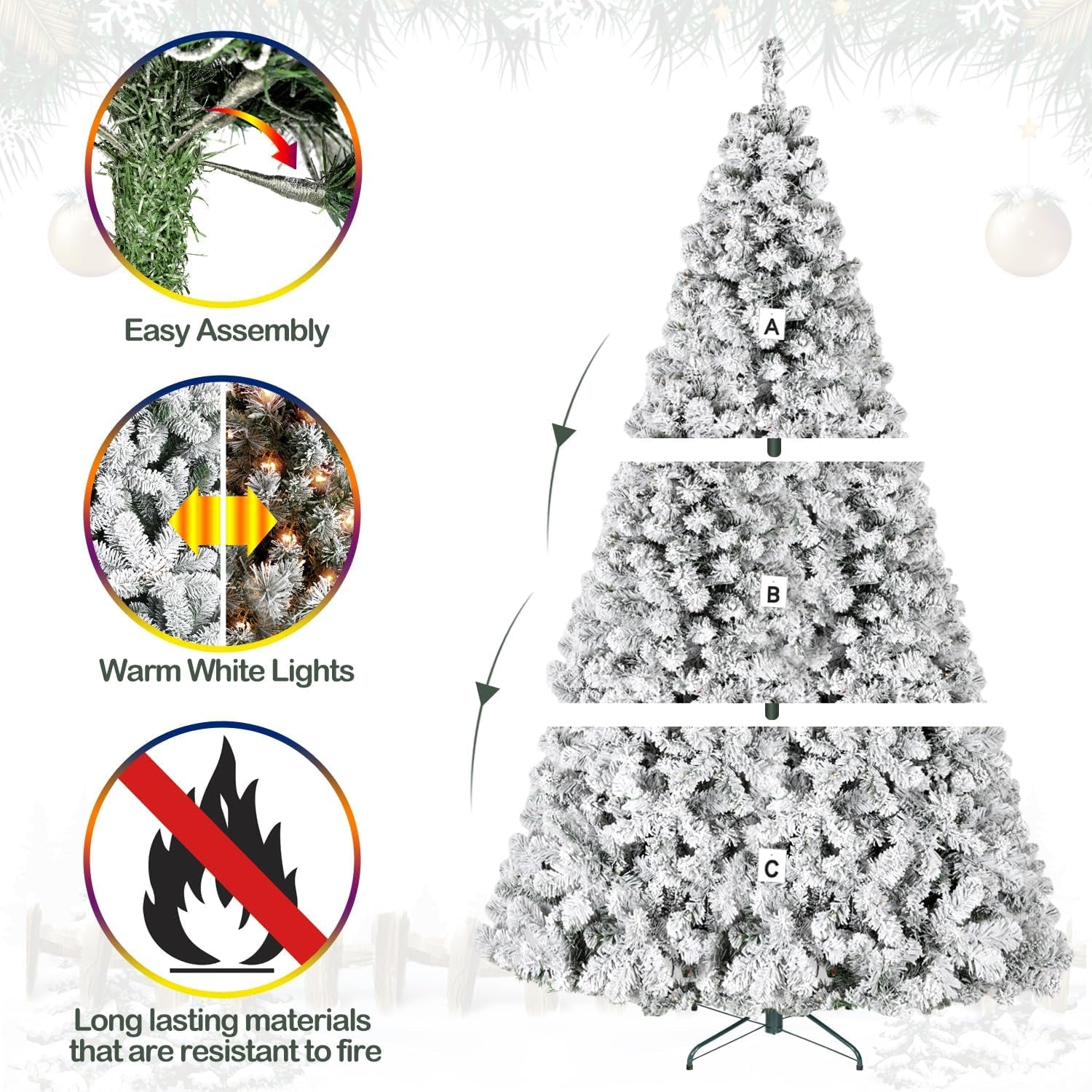 6 Ft Prelit Snow Flocked Christmas Tree, Artificial Christmas Tree with 250 Warm White LED Lights, 551 PVC Branch Tips, Easy Assembly with Metal Stand and Hinged Branches