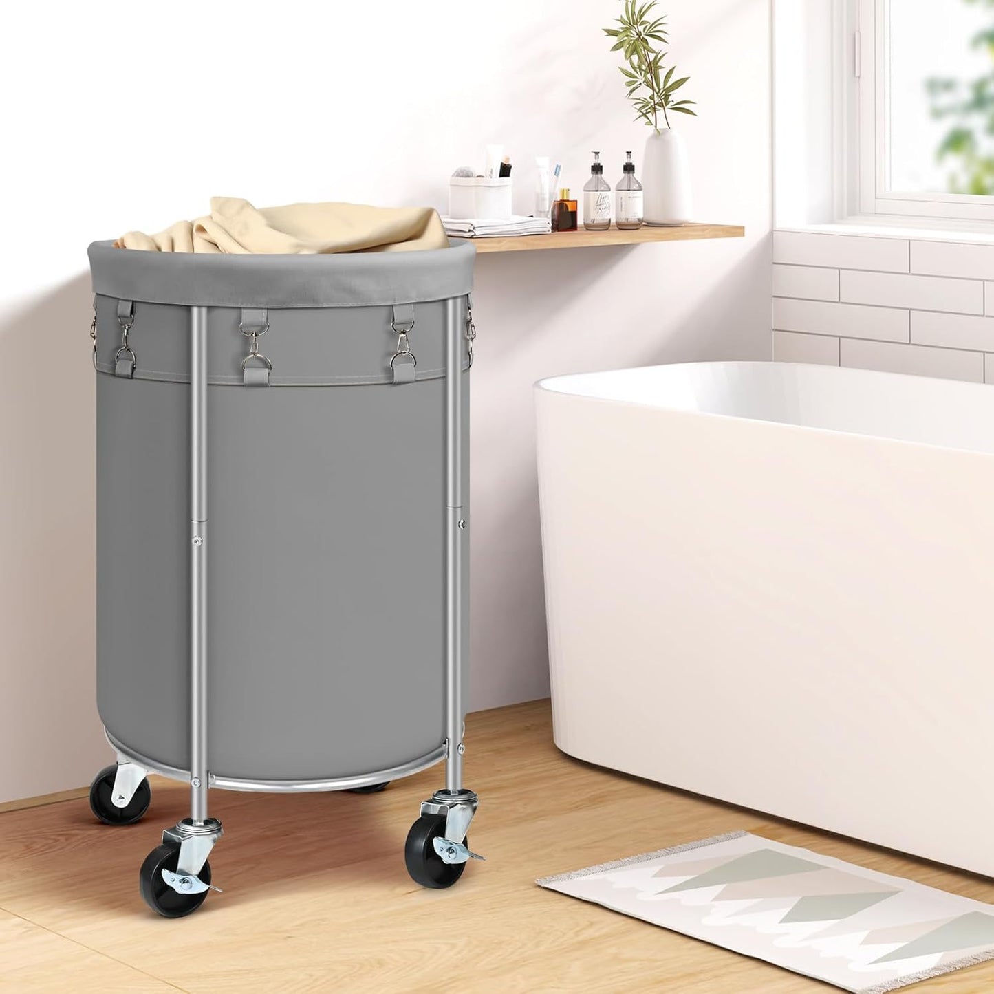 Laundry Hamper with Wheels, Rolling Laundry Basket, round Laundry Sorter Cart with Steel Frame and Removable Bag, 4 Casters and 2 Brakes, Ideal for Bedroom, Bathroom, Laundry Room, Grey