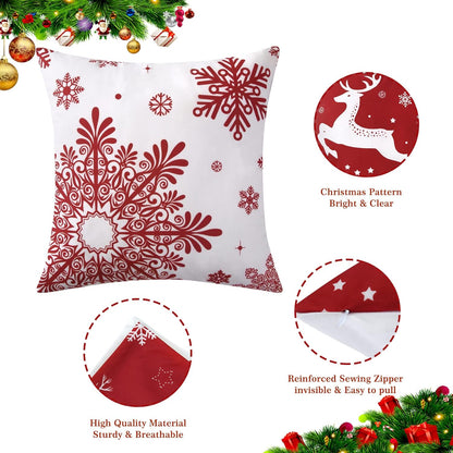 Christmas Decorations Velvet Pillow Covers 18X18 Inch Set of 4 Farmhouse Outdoor Decorative Pillows Winter Holiday Decor Snowflake Xmas Tree Deer Throw Cushion Covers for Sofa Couch, Red