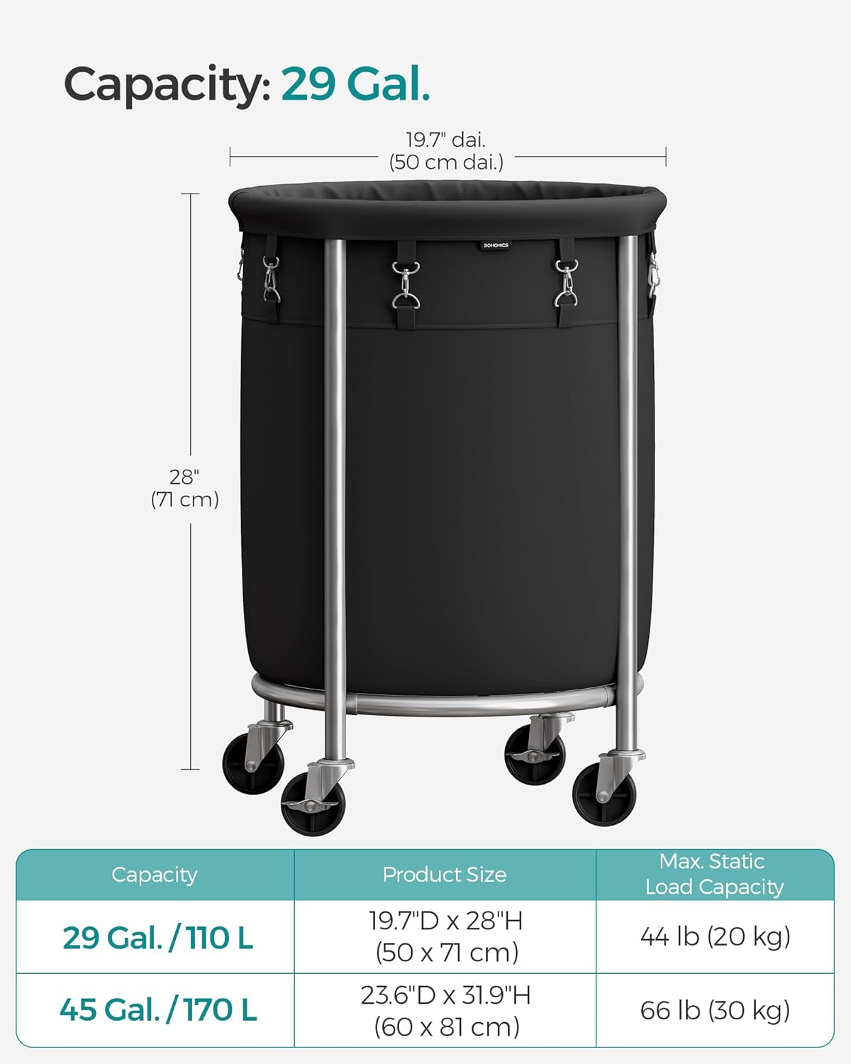 Laundry Basket with Wheels, Rolling Laundry Hamper, 29 Gal., round Laundry Cart with Steel Frame and Removable Bag, 4 Casters and 2 Brakes, Black and Silver URLS002B01