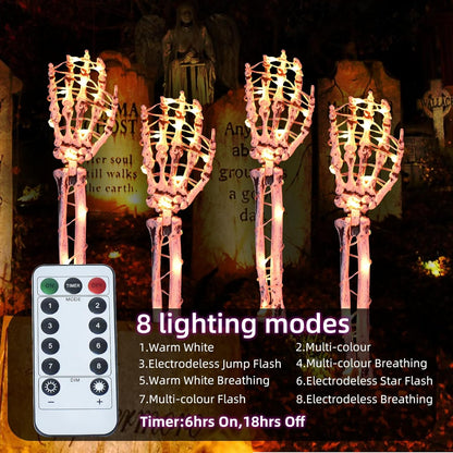 Halloween Decorations Outdoor Skeleton Arm 4 Pack -  Light up Skeleton Hands with 80 Leds, 8 Lighting Modes, and Timer, for Front Yard Porch Gardens Lawns Halloween Party