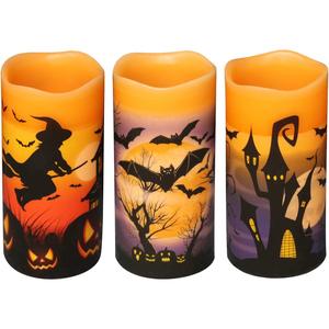 Dromance Halloween LED Flameless Pillar Candles Battery Operated with 6 Hour Timer Set of 3 Orange Wax Warm Light Flickering Witch Bats Castle Spooky Decals Halloween Decor Gifts(3 X 6 Inch) DRomance