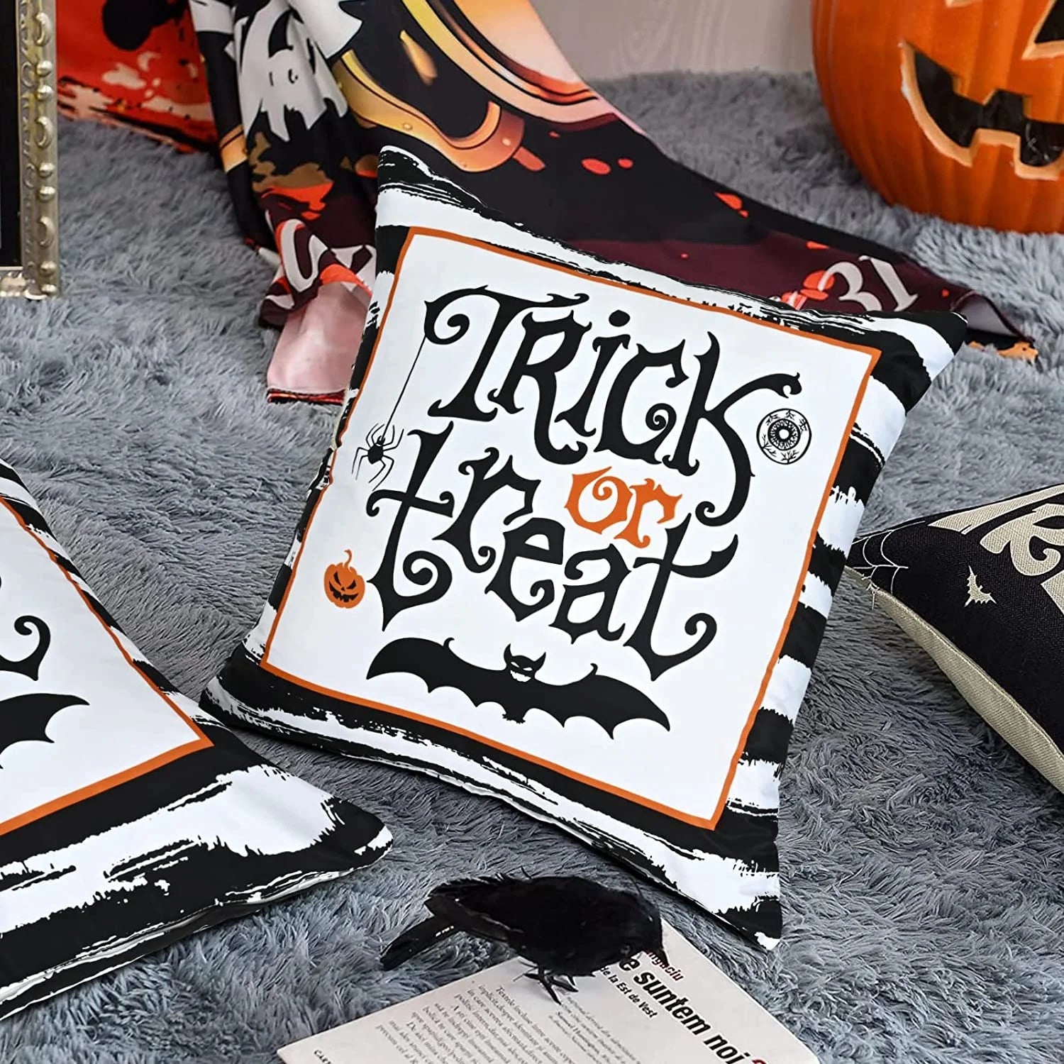 "Spooktacular Black and White Striped Halloween Throw Pillow Covers - Set of 2, 18x18 Inches, Perfect Trick or Treat Decor!"