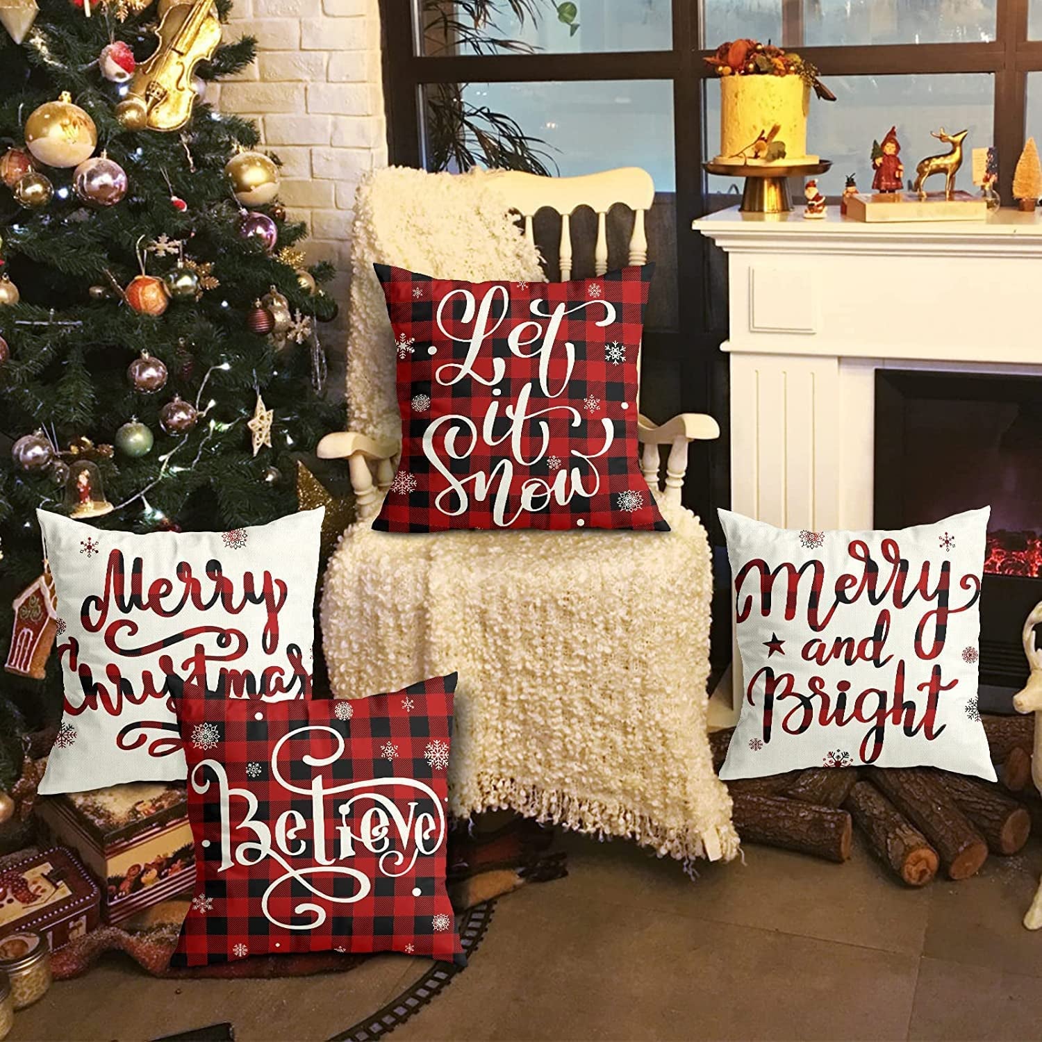 Christmas Decorations Christmas Pillow Covers 18X18 Inches Set of 4 Farmhouse Buffalo Plaid Black and Red Throw Pillow Case Winter Holiday Christmas Decor Home Sofa Couch Cushion Indoor Decorations