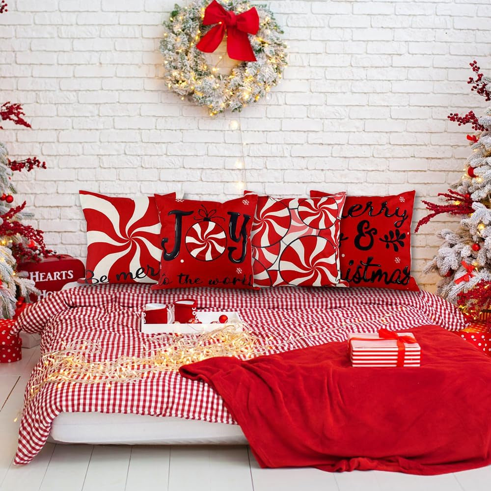 Christmas Candy Pillow Covers, 18X18 Set of 4 Red White Christmas Throw Cushion Case Be Merry Christmas for Winter Holiday Sofa Couch Home Decoration