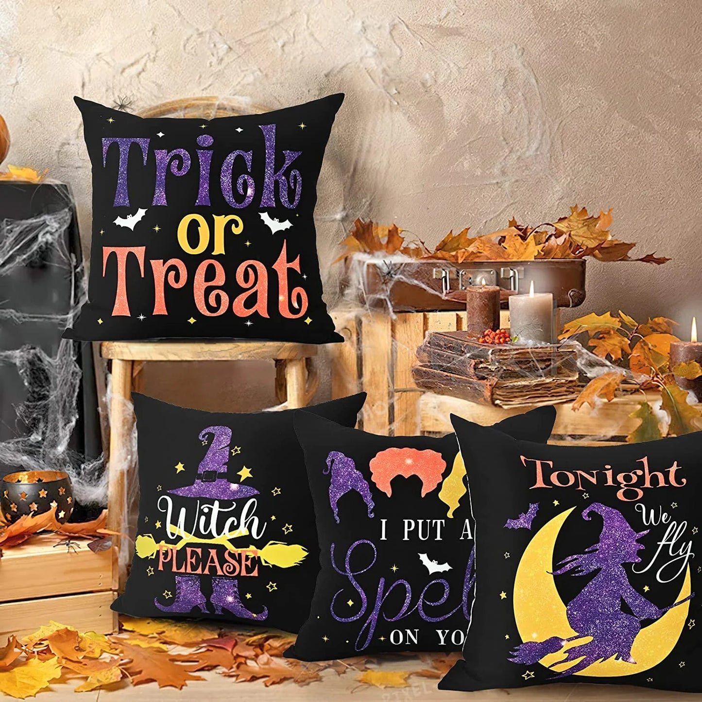 "Spooktacular  Halloween Pillow Covers - Set of 4, 18x18 Inch Trick or Treat Decorative Throw Pillows in Black!"