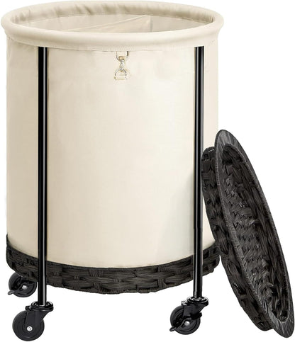 Laundry Hamper with Lid, 52.3 Gal Oversized Laundry Basket with Wheels, Rolling round Laundry Cart with Steel Frame and Removable Bag, 4 Casters and 2 Brakes, White