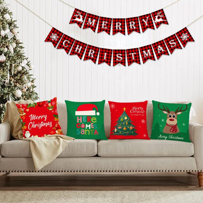 Set of 4 Christmas Pillow Covers 18X18 Inch Merry Christmas Pillow Cases Christmas Tree Throw Pillow Covers Red Green Xmas Holiday Pillow Covers Outdoor Couch Sofa Cushion Covers for Christmas(18)