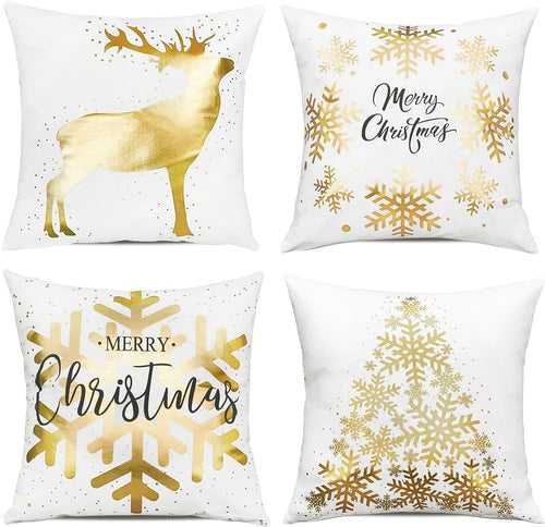 Christmas Decorations Gold White Throw Pillow Covers 18X18 Set of 4 Snowflakes Reindeer Decorative Cushion Cases Xmas Golden Decor for Couch Sofa Bedroom