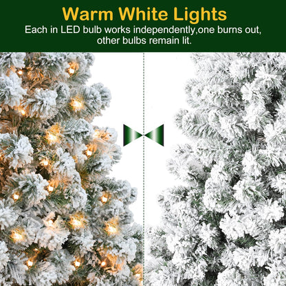 6 Ft Prelit Snow Flocked Christmas Tree, Artificial Christmas Tree with 250 Warm White LED Lights, 551 PVC Branch Tips, Easy Assembly with Metal Stand and Hinged Branches