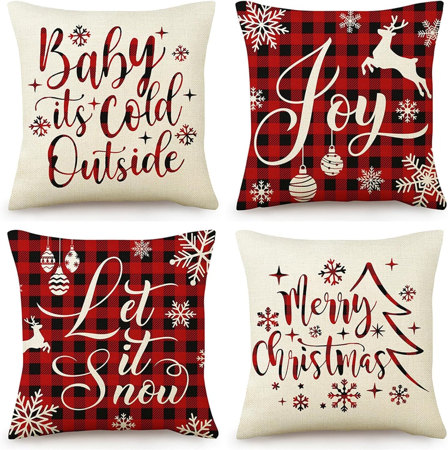 Christmas Pillow Covers 18X18 Set of 4 Christmas Decorations White and Red Pillow Cases Winter Outdoor Decor Snowflake Deer Xmas Tree Cushion Covers for Couch Sofa Bed Car