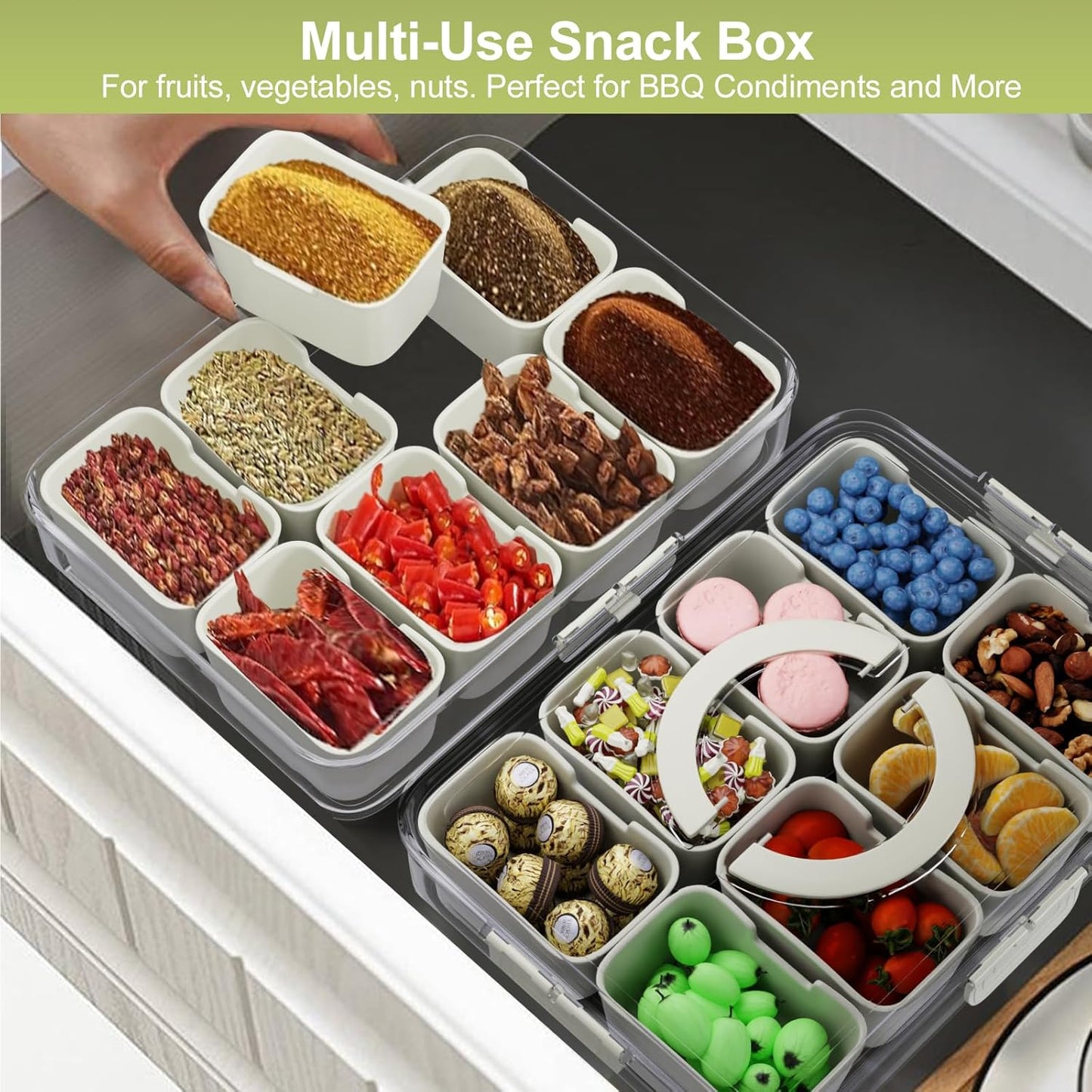 8 Compartments Snack Box Snackle Container, Divided Serving Tray with Lid ＆ Handle for Veggie Fruit Candy,Clear Removable Fridge Clear Serving Platters and Trays Box Organizer for Picnic Party Travel