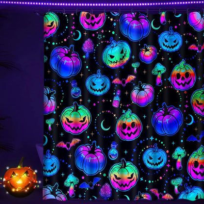 "Spooktacular  Blacklight Halloween Shower Curtain with Hooks - Waterproof Pumpkin Design for Festive Bathroom Decor, 69"X70""