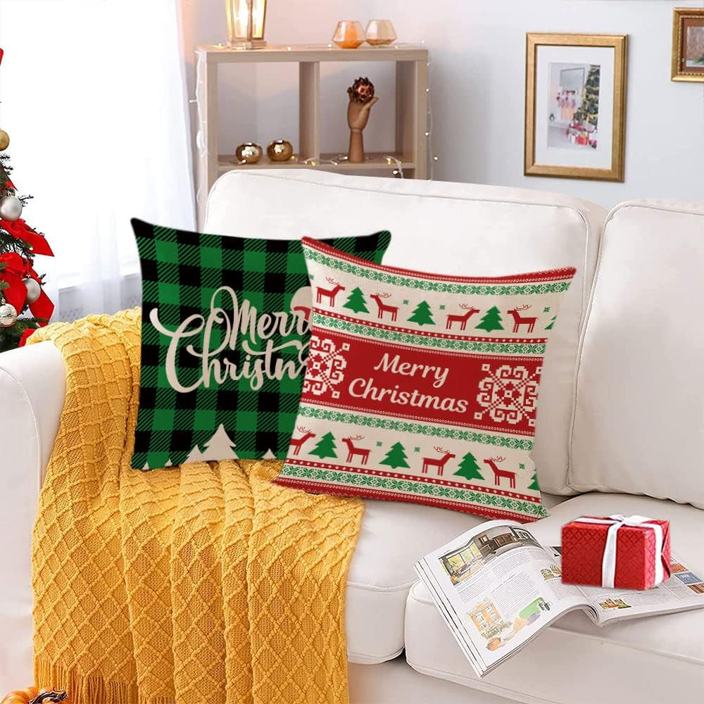 Christmas Pillow Covers 18X18 Set of 4 Red Green Xmas Decorative Throw Pillows Christmas Tree Deer Santa Pillow Cases Home Outdoor Sofa Couch Cushion Covers for Christmas Decorations (18 by 18)