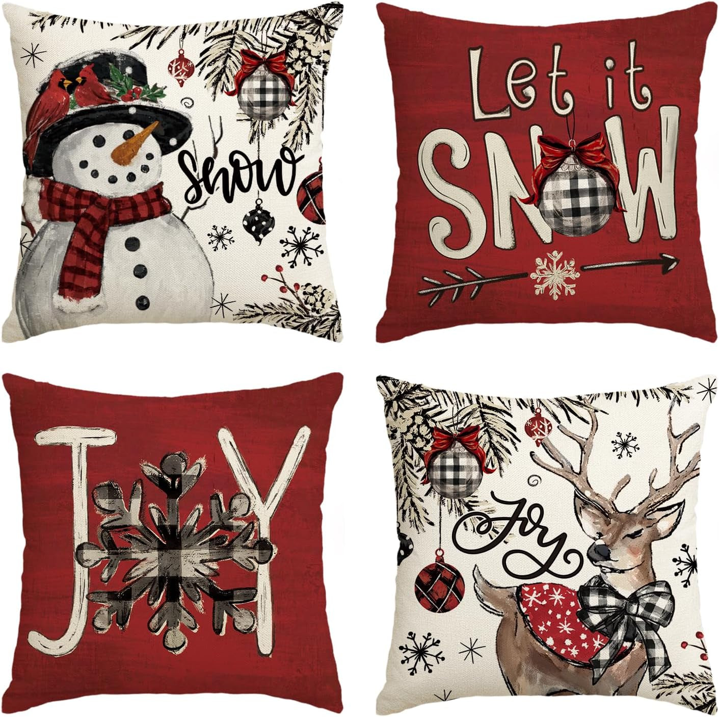 Joy Christmas Let It Snow Snowman Reindeer Throw Pillow Covers, 18 X 18 Inch Xmas Snowflake Winter Holiday Cushion Case Decoration for Sofa Couch Set of 4