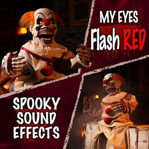 Creepy Animatronic Sitting Clown - Sound Activated Halloween Decoration with Light-Up Eyes, Scary Movements & Haunting Sounds - Perfect for Indoor/Outdoor Haunted House & Spooky Holiday Decor ELAMAS