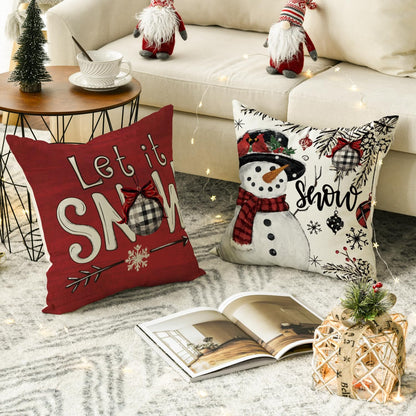 Joy Christmas Let It Snow Snowman Reindeer Throw Pillow Covers, 18 X 18 Inch Xmas Snowflake Winter Holiday Cushion Case Decoration for Sofa Couch Set of 4