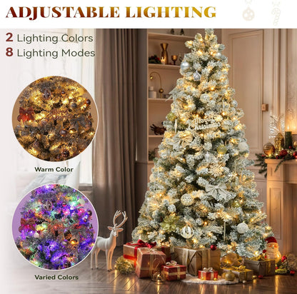 Prelit Snow Flocked Artificial Full Christmas Tree, 6Ft Christmas Pine Tree with 8 Light-Modes, 800 Branch Tips, and Foldable Base for Home, Party Decoration