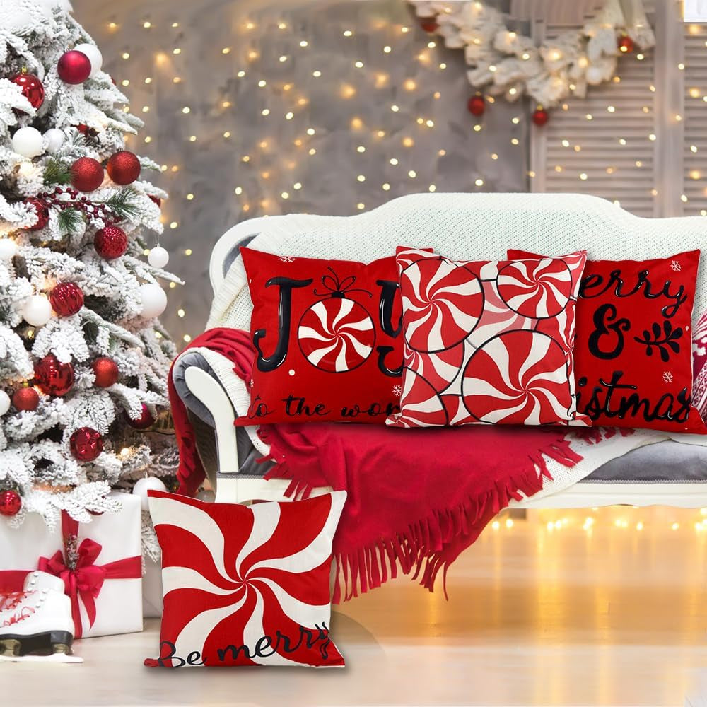 Christmas Candy Pillow Covers, 18X18 Set of 4 Red White Christmas Throw Cushion Case Be Merry Christmas for Winter Holiday Sofa Couch Home Decoration