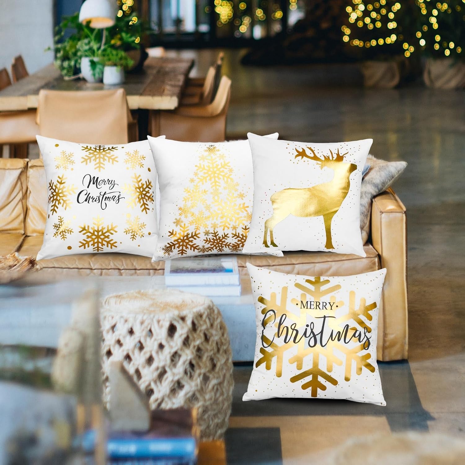 Christmas Decorations Gold White Throw Pillow Covers 18X18 Set of 4 Snowflakes Reindeer Decorative Cushion Cases Xmas Golden Decor for Couch Sofa Bedroom