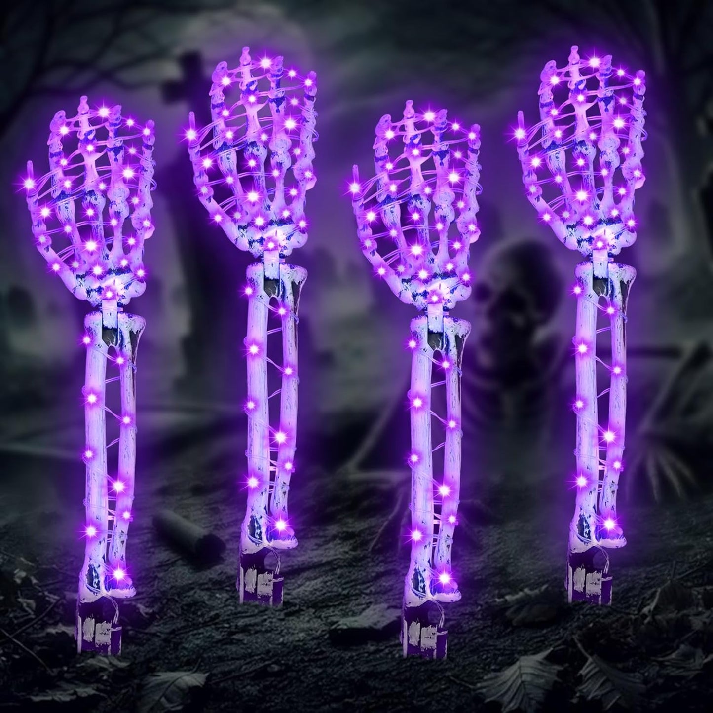 Halloween Decorations Outdoor Skeleton Arm 4 Pack -  Light up Skeleton Hands with 80 Leds, 8 Lighting Modes, and Timer, for Front Yard Porch Gardens Lawns Halloween Party