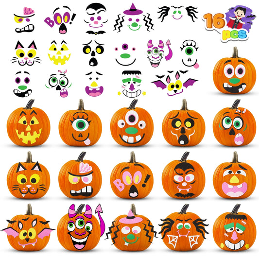 " 16-Piece Halloween Pumpkin Decoration Kit - Fun Foam Face Stickers for Kids, Perfect for Halloween Parties and Pumpkin Painting!"