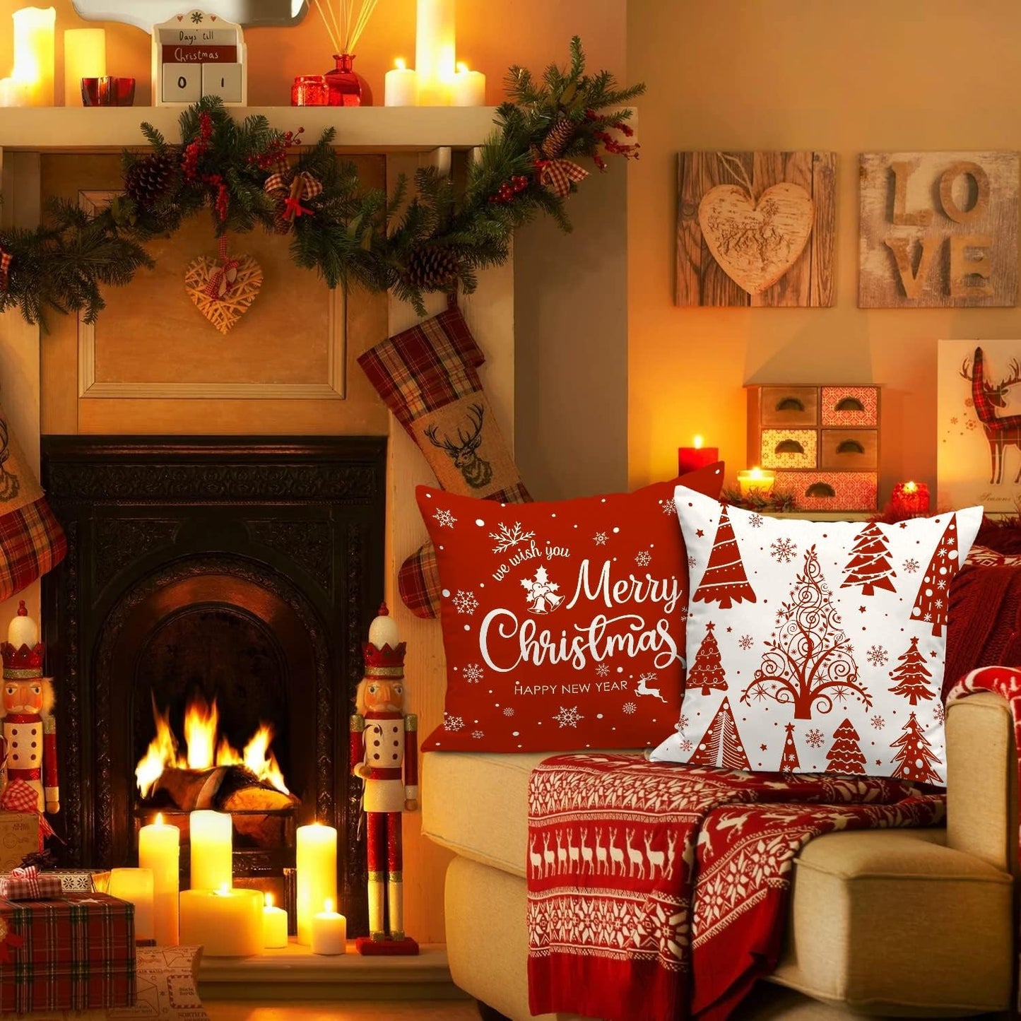 Christmas Throw Pillow Covers 18X18 Set of 4, Merry Christmas Winter Xmas Snowflake Decorative Holiday Cushion Pillow Cases 18 X 18 for Outdoor Indoor Farmhouse Home Room Couch Decor (Red)