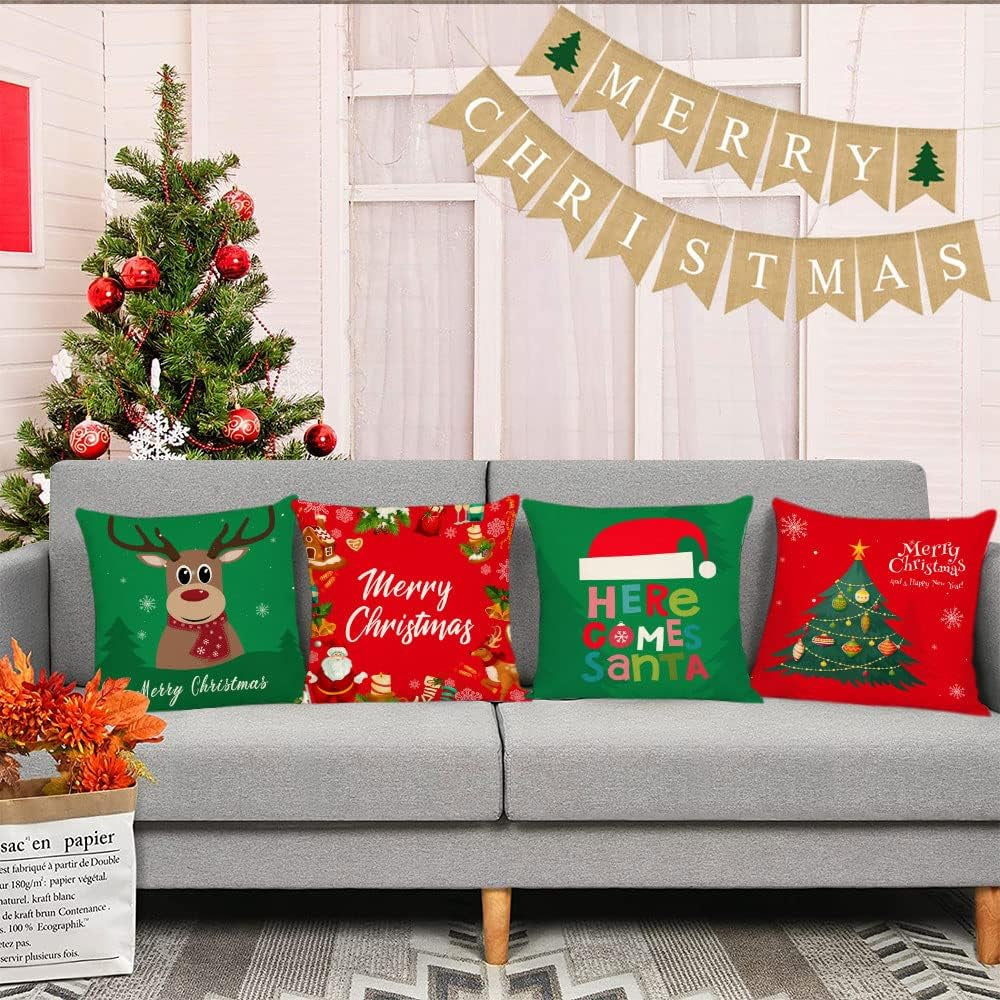 Set of 4 Christmas Pillow Covers 18X18 Inch Merry Christmas Pillow Cases Christmas Tree Throw Pillow Covers Red Green Xmas Holiday Pillow Covers Outdoor Couch Sofa Cushion Covers for Christmas(18)