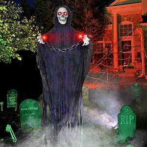 74'' Halloween Animatronics Hanging Grim Reaper with Chain, Spooky Halloween Skeleton Flying Ghost Light up Eyes Sound Activated, Halloween Outdoor Decorations, Haunted House Yard Holiday Decor WELL WITHYOU