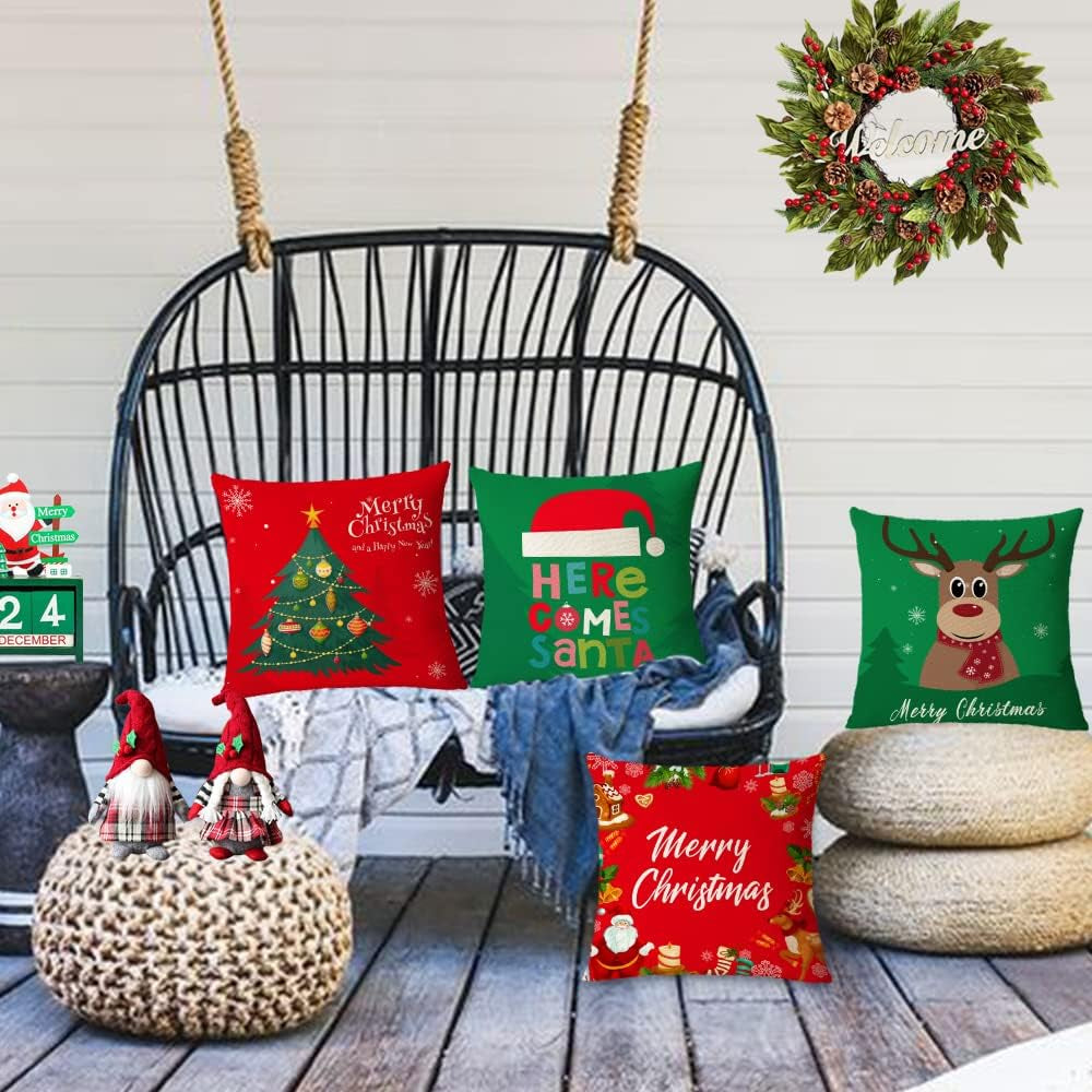 Set of 4 Christmas Pillow Covers 18X18 Inch Merry Christmas Pillow Cases Christmas Tree Throw Pillow Covers Red Green Xmas Holiday Pillow Covers Outdoor Couch Sofa Cushion Covers for Christmas(18)