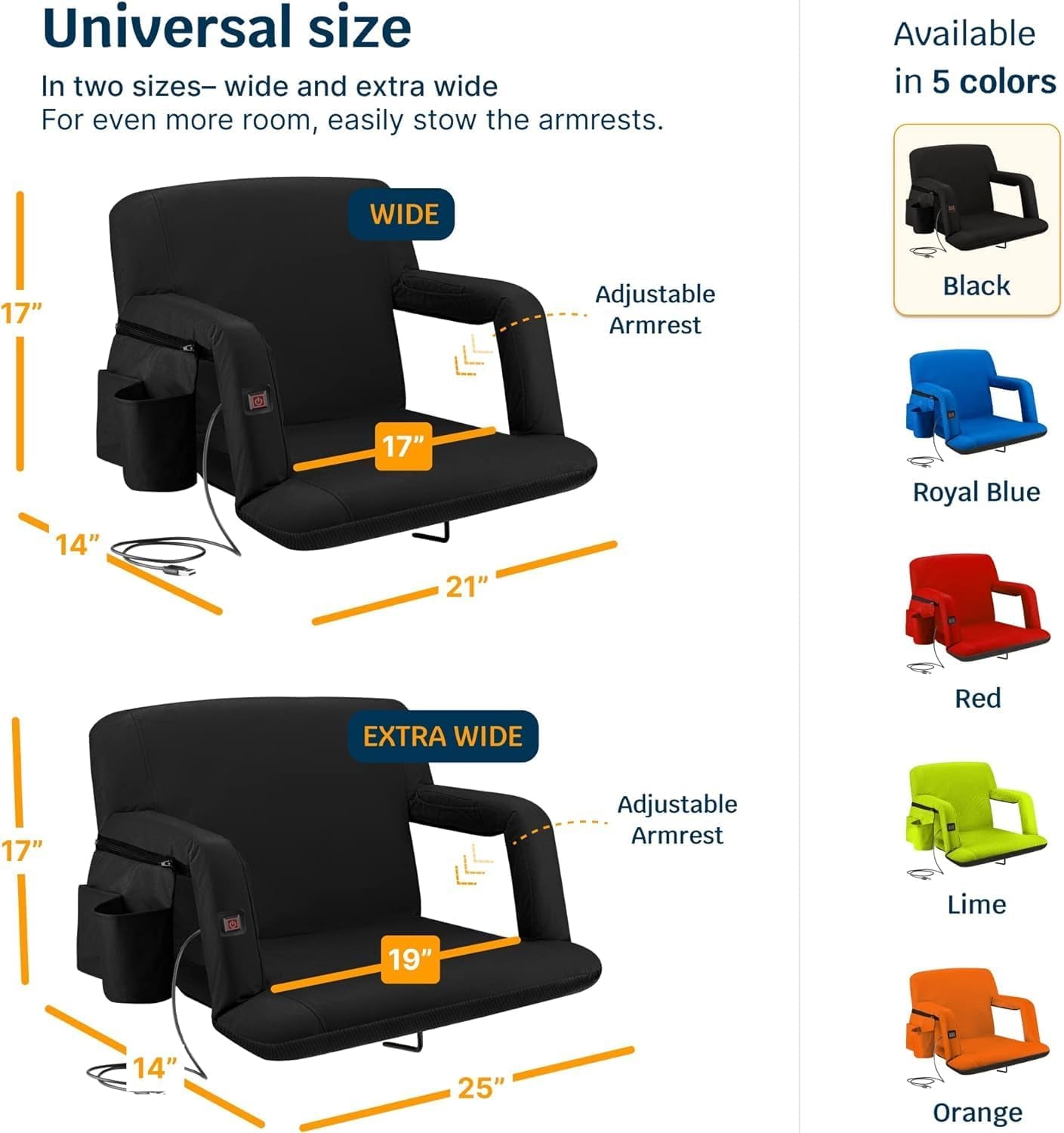 Heated Reclining Stadium Seat for Bleachers – Wide Bleacher Chair with Back Support and Cushion, Armrests, Side Pockets, & Hook – Stadium Seats Chairs for Camping, Kayak, Paddle Board & More