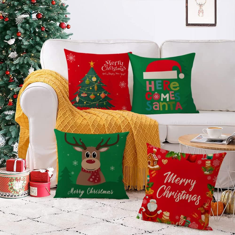 Set of 4 Christmas Pillow Covers 18X18 Inch Merry Christmas Pillow Cases Christmas Tree Throw Pillow Covers Red Green Xmas Holiday Pillow Covers Outdoor Couch Sofa Cushion Covers for Christmas(18)