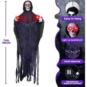 74'' Halloween Animatronics Hanging Grim Reaper with Chain, Spooky Halloween Skeleton Flying Ghost Light up Eyes Sound Activated, Halloween Outdoor Decorations, Haunted House Yard Holiday Decor WELL WITHYOU