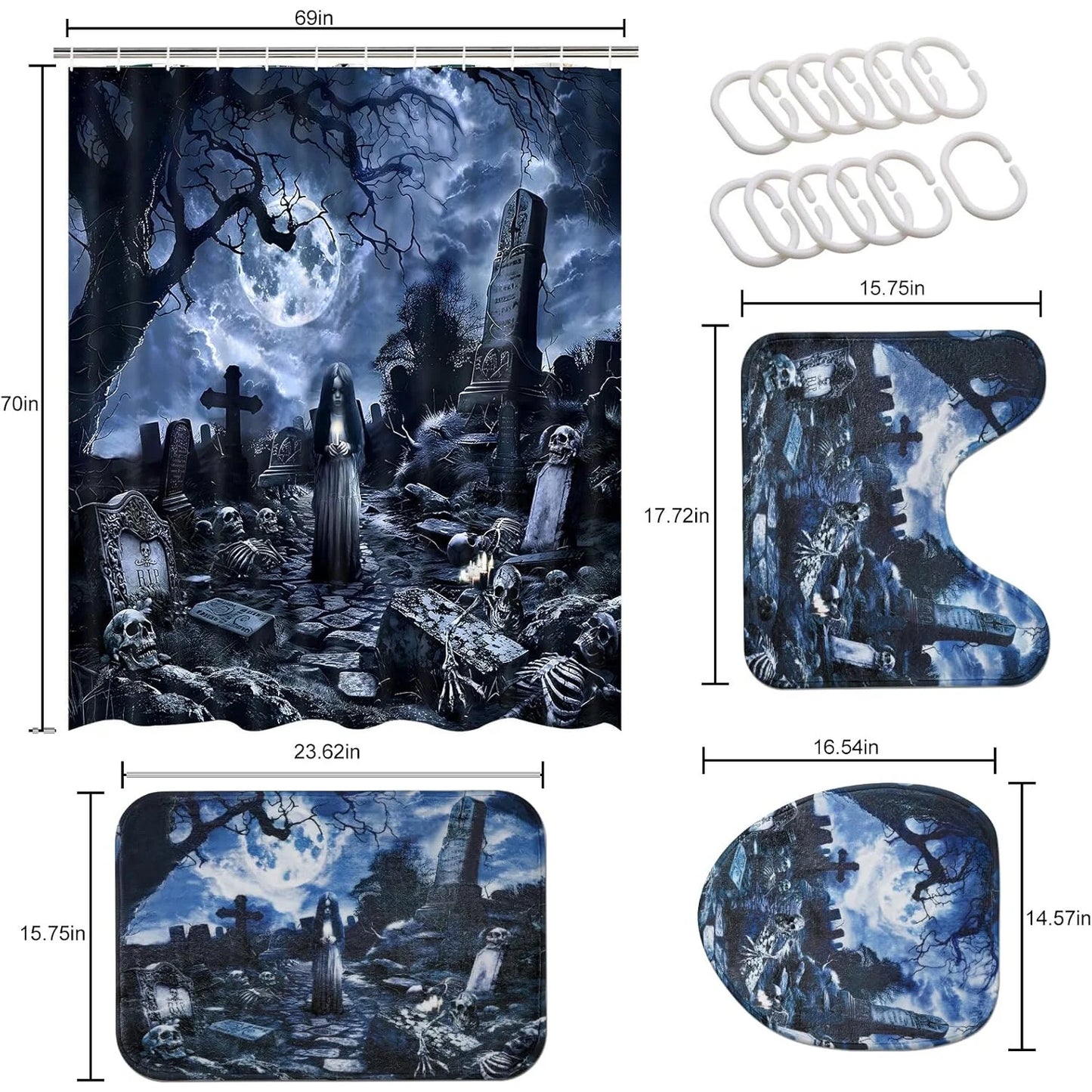 " 16-Piece Halloween Shower Curtain Set - Spooky Ghosts & Witches Bathroom Decor with Waterproof Fabric, 12 Hooks & Plush Toilet Rugs!"