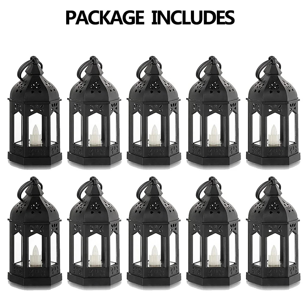 "10-Pack  Mini Black Lanterns with Flickering LED Candles - Perfect for Halloween, Weddings, and Christmas Table Decor - Batteries Included!"