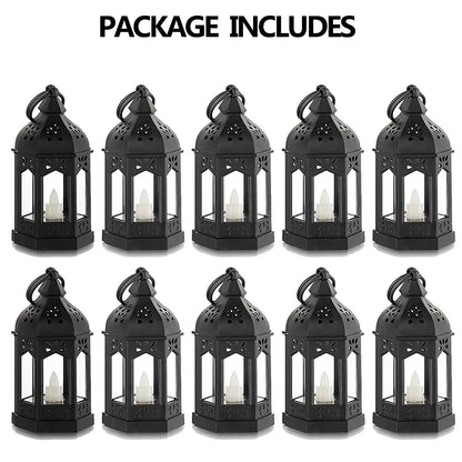 "10-Pack  Mini Black Lanterns with Flickering LED Candles - Perfect for Halloween, Weddings, and Christmas Table Decor - Batteries Included!"