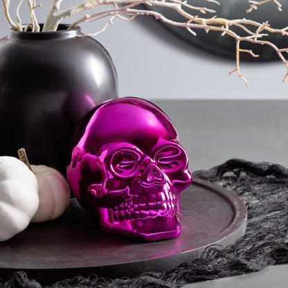 "Vibrant Hot Pink Halloween Ceramic Skull Tabletop Decor - 4.25 In by "