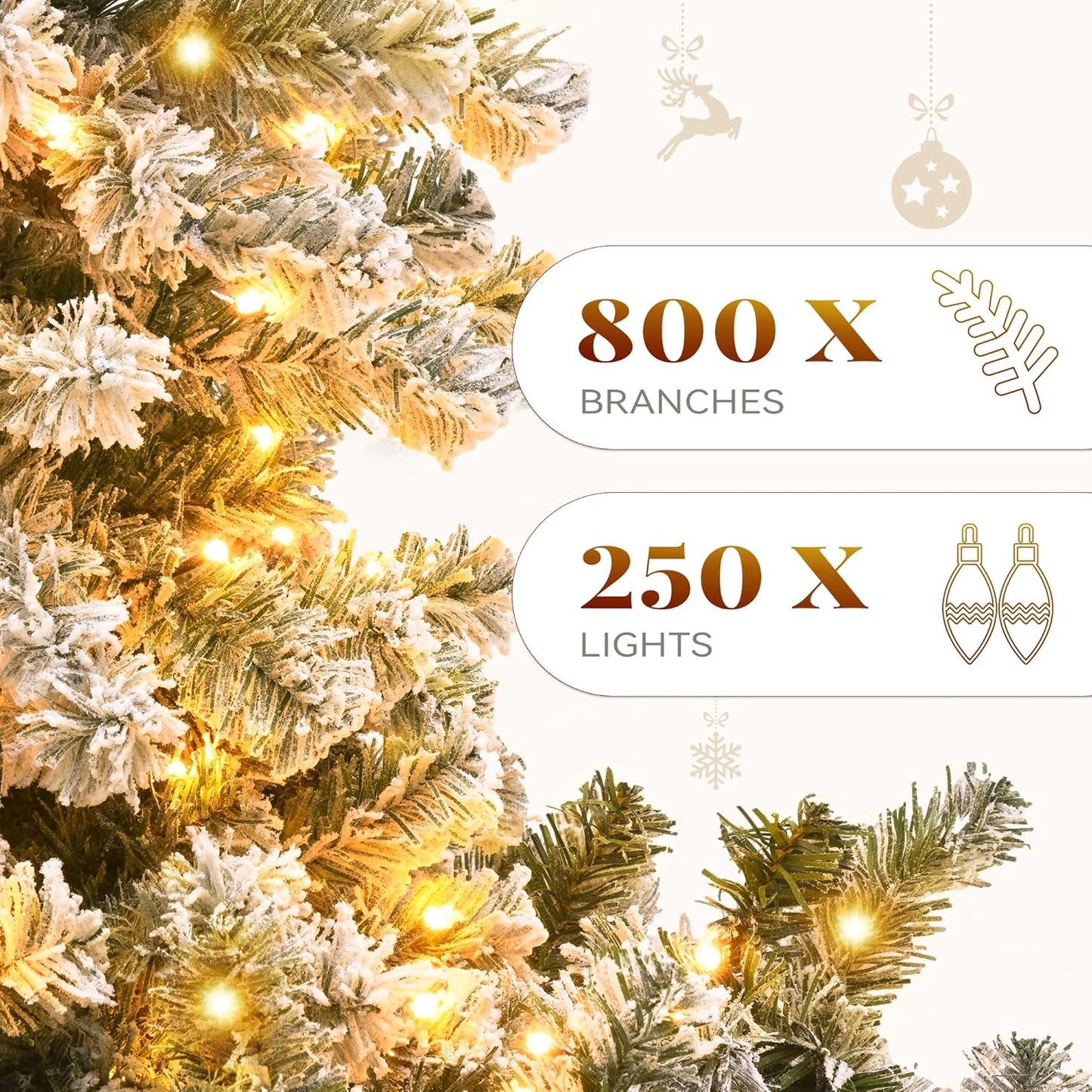 Prelit Snow Flocked Artificial Full Christmas Tree, 6Ft Christmas Pine Tree with 8 Light-Modes, 800 Branch Tips, and Foldable Base for Home, Party Decoration