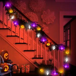 Halloween Lights, 16.4FT 30 LED Pumpkin Bat Ghost Battery Operated Orange and Purple String Lights Strobe 8 Lighting Modes Timer Fairy Indoor Outdoor Window Front Porch Decor Party Decorations YANP-US