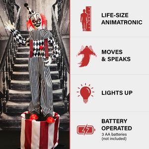 Haunted Hill Farm Animatronic Talking Clown with Moving Features & Light-Up Eyes - Spooky Battery-Operated Halloween Decoration for Indoor & Covered Outdoor Use Haunted Hill Farm