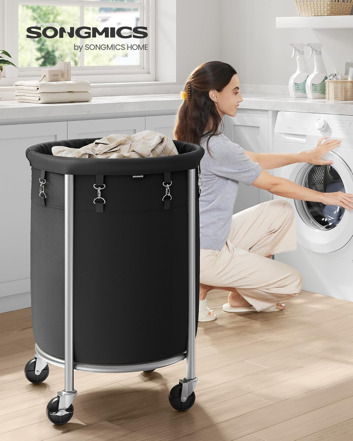 Laundry Basket with Wheels, Rolling Laundry Hamper, 29 Gal., round Laundry Cart with Steel Frame and Removable Bag, 4 Casters and 2 Brakes, Black and Silver URLS002B01