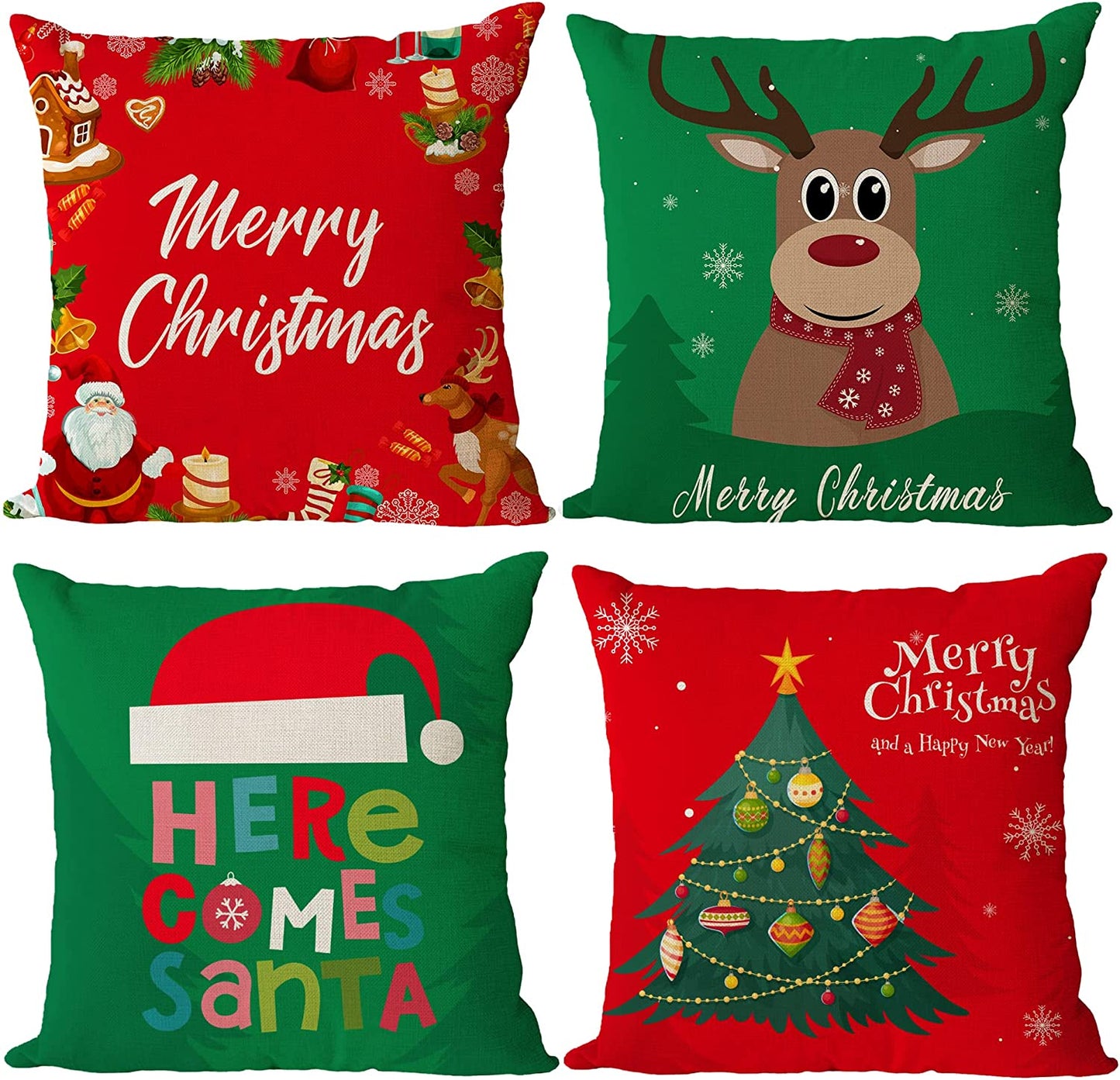 Set of 4 Christmas Pillow Covers 18X18 Inch Merry Christmas Pillow Cases Christmas Tree Throw Pillow Covers Red Green Xmas Holiday Pillow Covers Outdoor Couch Sofa Cushion Covers for Christmas(18)