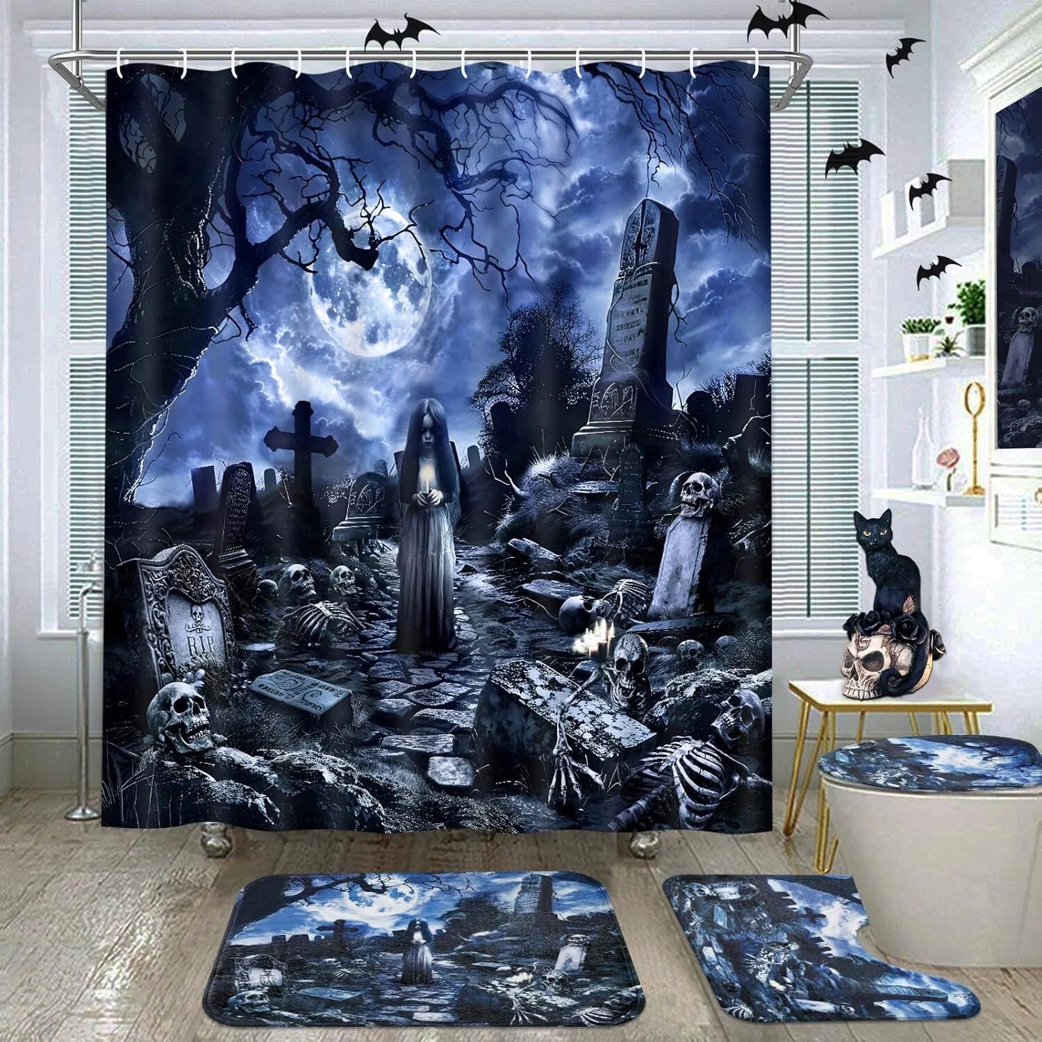 " 16-Piece Halloween Shower Curtain Set - Spooky Ghosts & Witches Bathroom Decor with Waterproof Fabric, 12 Hooks & Plush Toilet Rugs!"